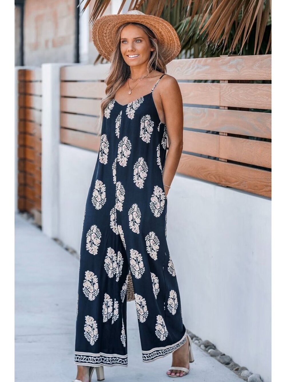 NWT Cupshe Navy Ornate Sleeveless Straight Leg Jumpsuit - Size: Small - Picture 11 of 11